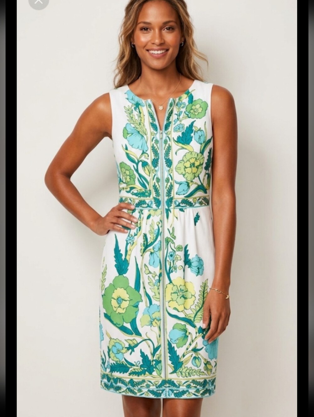 -Talbot's Floral Sleeveless Lined Dress - White and Green Popover Stretchy XL